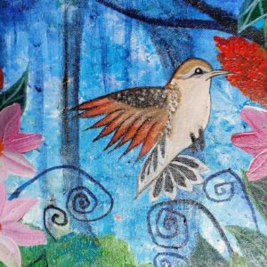 A bird with the blooming flower on canvas.