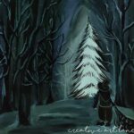 A girl waiting to put a star on christmas tree on canvas