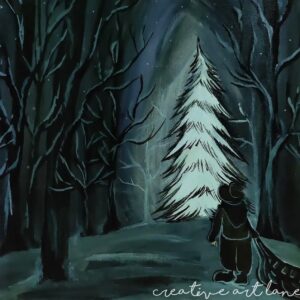 A girl waiting to put a star on christmas tree on canvas.