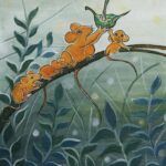 A group of squirrels catching the droplet from leaf on canvas.