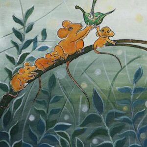 A group of squirrels catching the droplet from leaf on canvas.