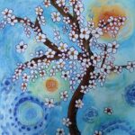 An abstract tree with full of flowers on canvas.