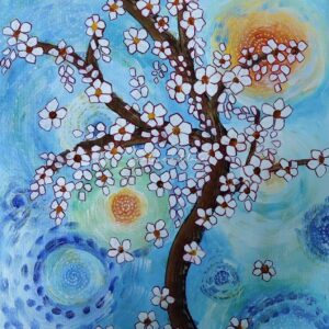 An abstract tree with full of flowers on canvas.