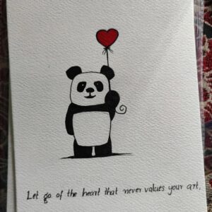 A cutie panda with heart balloon in hand with a message on gift card.
