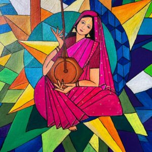 A nice Meera ji painting with abstract background on canvas