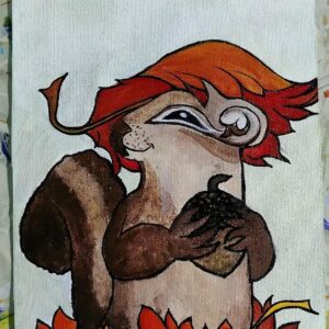A squirrel watching something with nut in hands on canvas.
